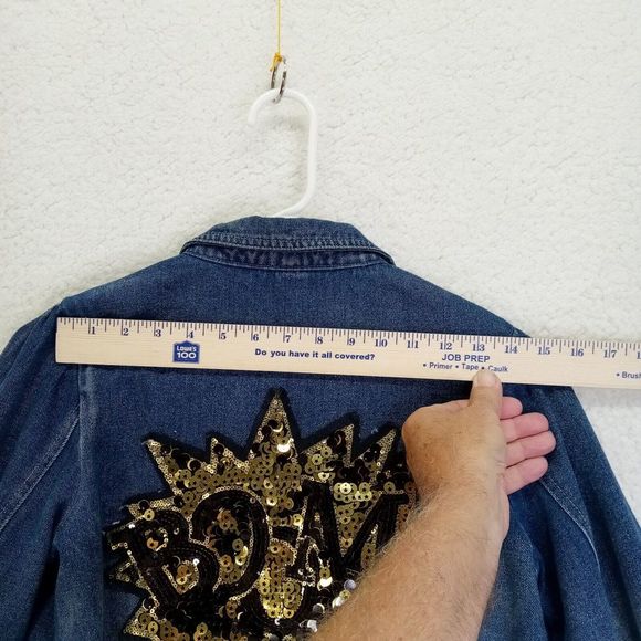Boom Sequin Hi-Low Hem‎ Denim Jacket Girls Sz 10-12 Blue Distressed - Picture 13 of 14